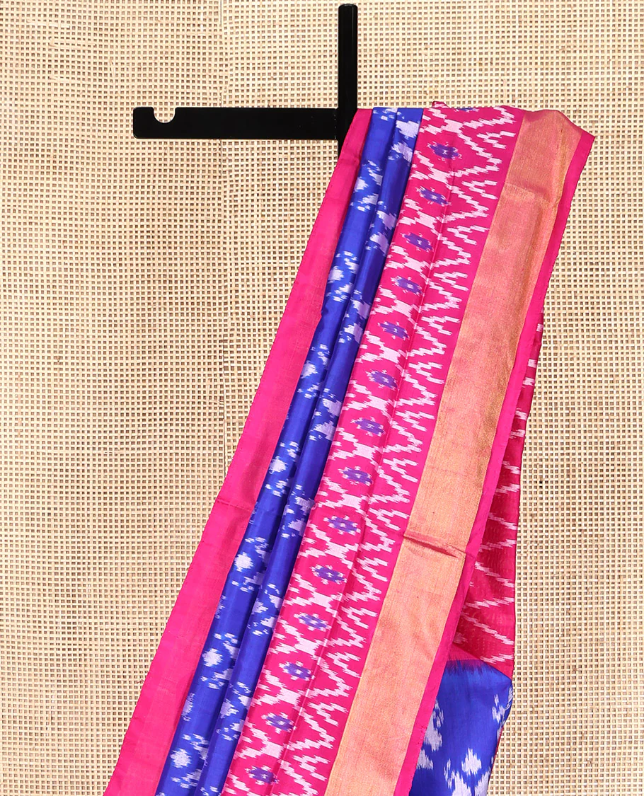 Royal Blue Pochampally Ikat Silk Saree, Adorned with Ikkat Buttas on Its Body, Complemented by a Contrast Ikkat-Style Woven Border, Pallu of Butta Enclosed Jaal Design, and Paired with a Contrast Blouse - Image 3