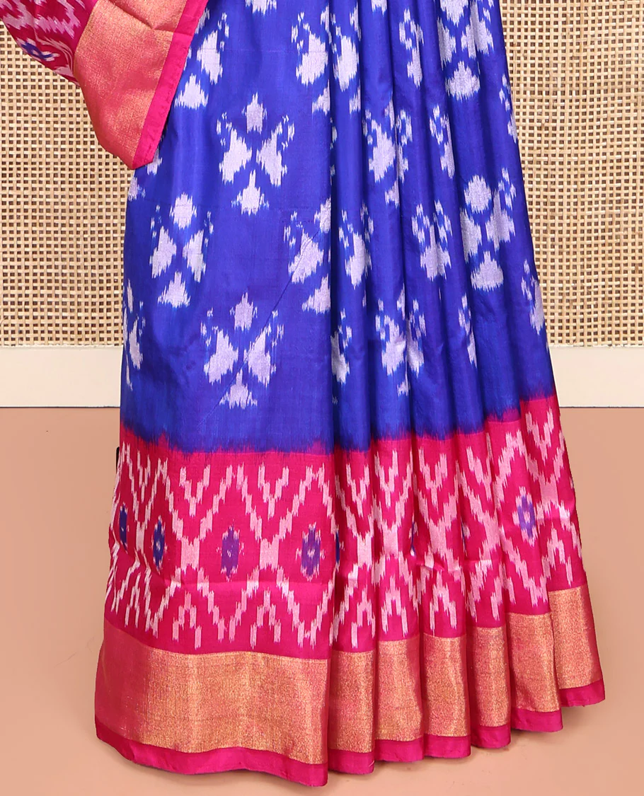 Royal Blue Pochampally Ikat Silk Saree, Adorned with Ikkat Buttas on Its Body, Complemented by a Contrast Ikkat-Style Woven Border, Pallu of Butta Enclosed Jaal Design, and Paired with a Contrast Blouse - Image 4