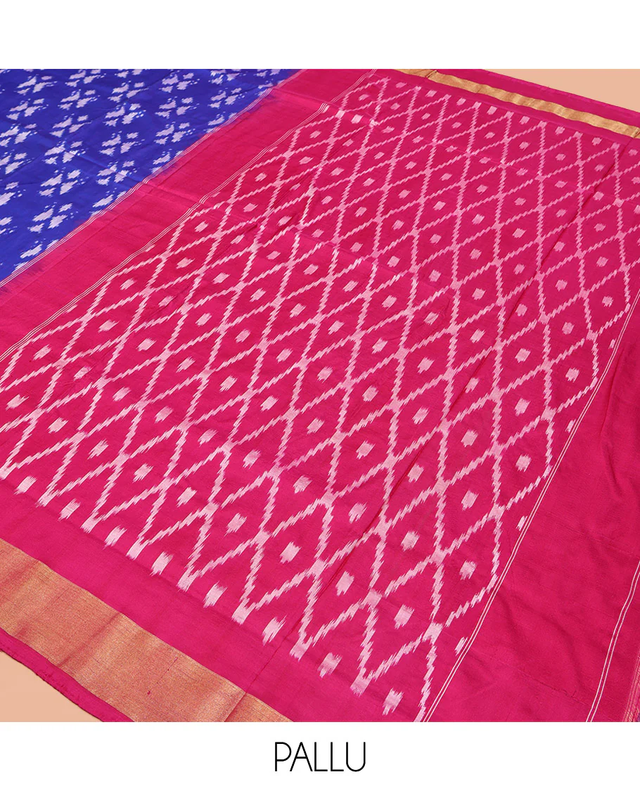 Royal Blue Pochampally Ikat Silk Saree, Adorned with Ikkat Buttas on Its Body, Complemented by a Contrast Ikkat-Style Woven Border, Pallu of Butta Enclosed Jaal Design, and Paired with a Contrast Blouse - Image 5