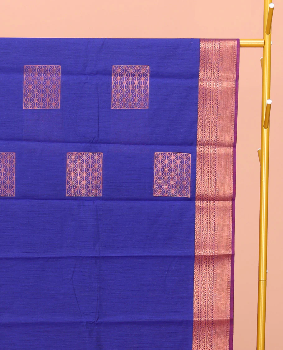 Royal Blue Semi-Silk Cotton Saree, Adorned with Zari Buttas All Over Its Body, Complemented by a Contrast Traditional Zari Design Border, Pallu of Star Design, and Paired with a Contrast Blouse - Image 2
