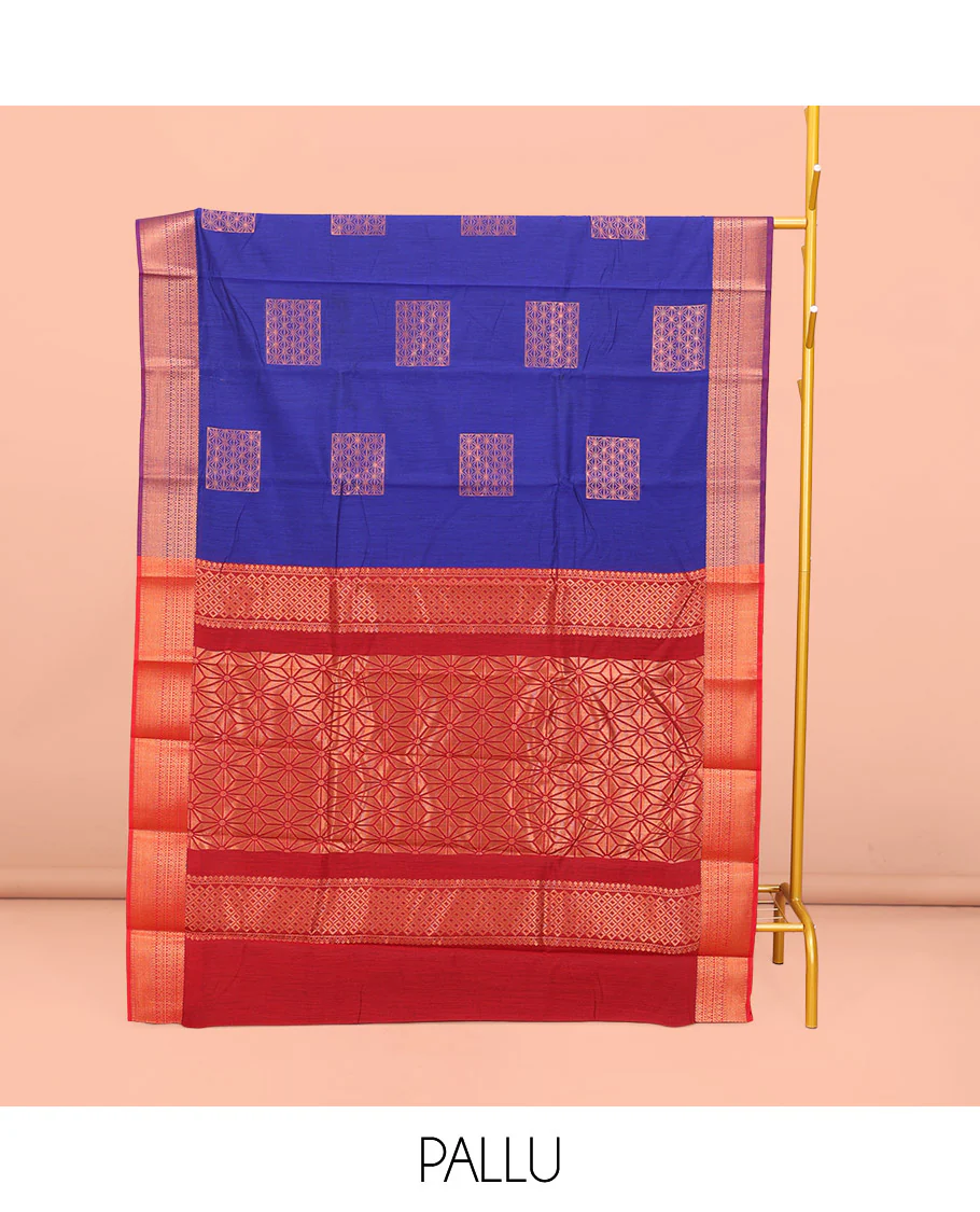 Royal Blue Semi-Silk Cotton Saree, Adorned with Zari Buttas All Over Its Body, Complemented by a Contrast Traditional Zari Design Border, Pallu of Star Design, and Paired with a Contrast Blouse - Image 3