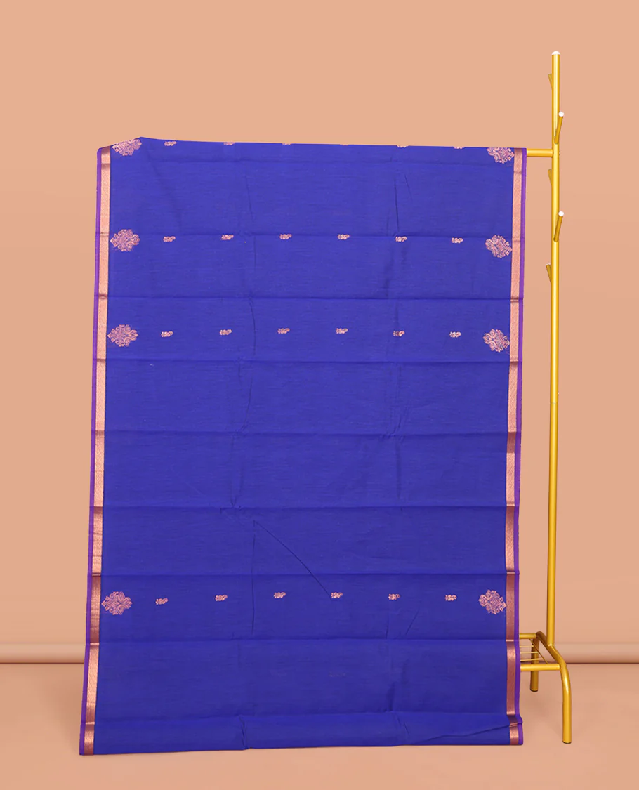 Royal Blue Semi-Silk Cotton Saree, Gleamed Up with Zari Buttas All Over Its Body, Complemented by a Contrast Border, Pallu of Butta Enclosed Checked Design, and Paired with a Contrast Blouse