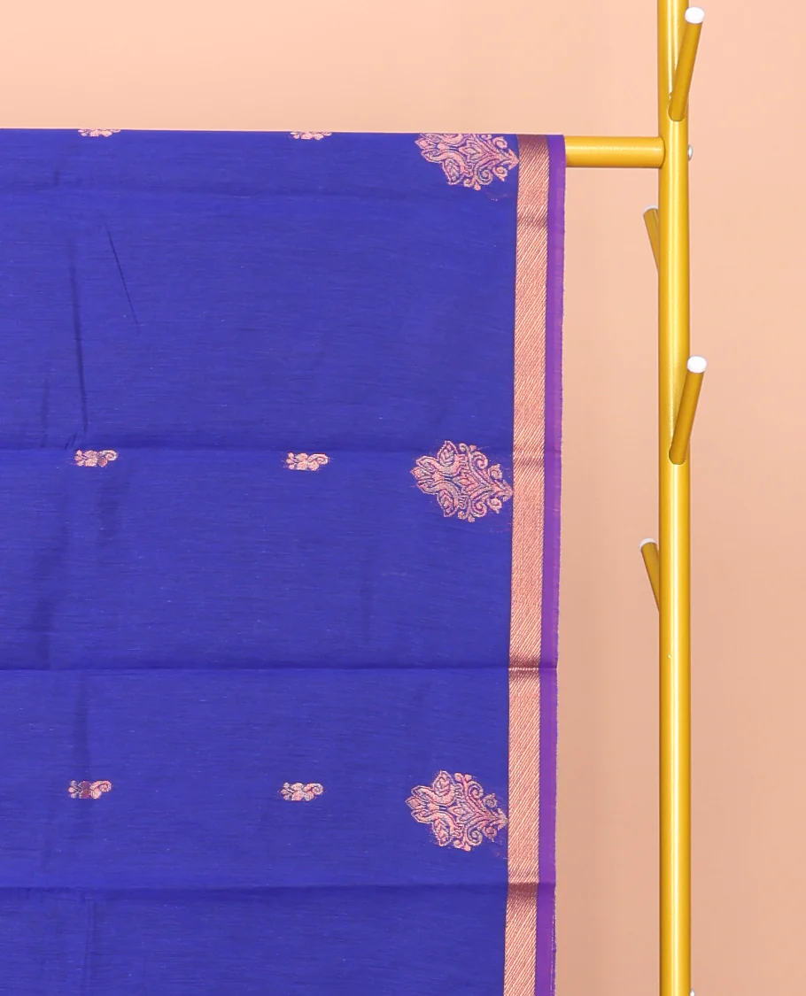 Royal Blue Semi-Silk Cotton Saree, Gleamed Up with Zari Buttas All Over Its Body, Complemented by a Contrast Border, Pallu of Butta Enclosed Checked Design, and Paired with a Contrast Blouse - Image 2