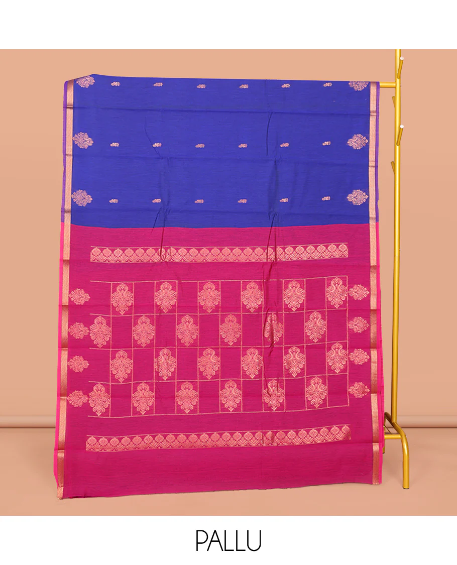 Royal Blue Semi-Silk Cotton Saree, Gleamed Up with Zari Buttas All Over Its Body, Complemented by a Contrast Border, Pallu of Butta Enclosed Checked Design, and Paired with a Contrast Blouse - Image 3