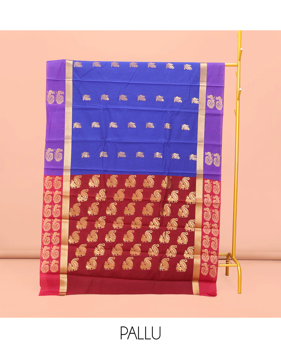 Royal Blue Semi-Silk Cotton Saree, Majestically Detailed with Peacock Buttas All Over Its Body, Complemented by a Contrast Peacock Buttas Border, Pallu Steeped with Peacock Design, and Paired with a Matching Blouse - Image 3