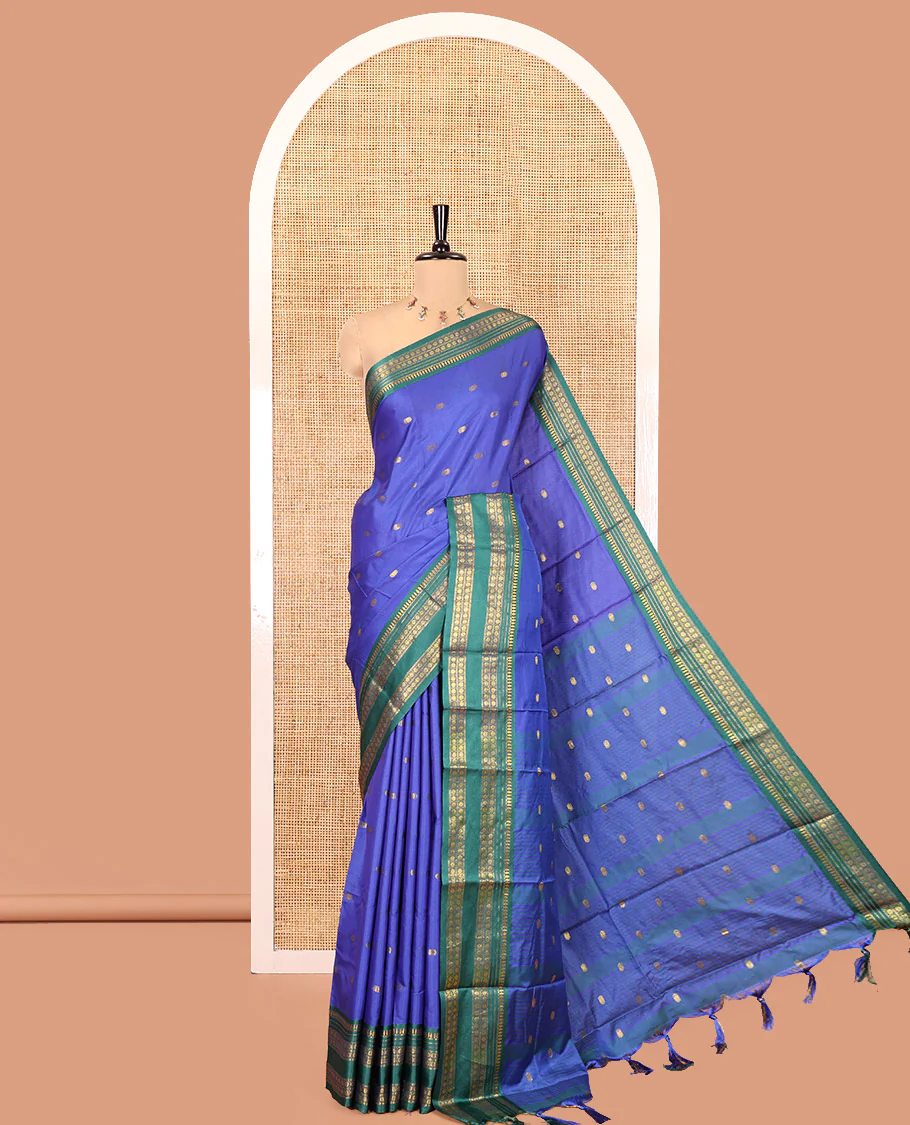 Royal Blue Softy Silk Saree, Accentuated with Zari Buttas, Contrast Traditional Rettai Pettu Border, Pallu of Buttas, and a Matching Blouse - Image 2