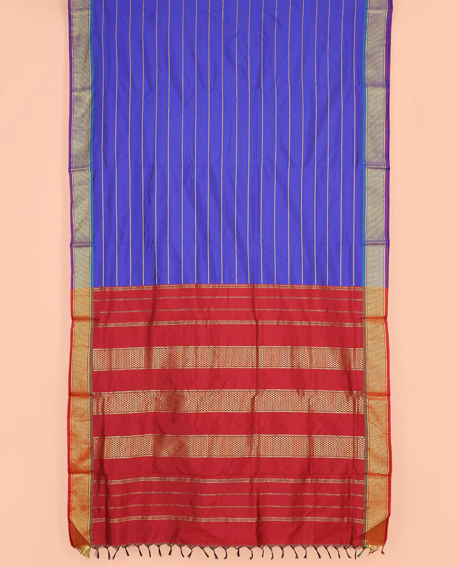 Royal Blue Ten-Yard Art Silk Saree Decked Up with Neli Stripes, Complemented by a Contrast Traditional Ara Maadam Border, and Pallu Elevated with Zari Designs - Image 2