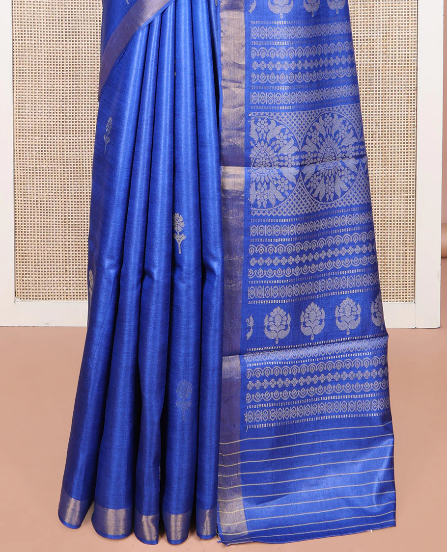 Royal Blue Tussar Silk Saree, Decorated with Floral Buttas All Over Its Body, Subtly Piping Border, Pallu Steeped with Intricate Designs, and Paired with a Matching Blouse - Image 4