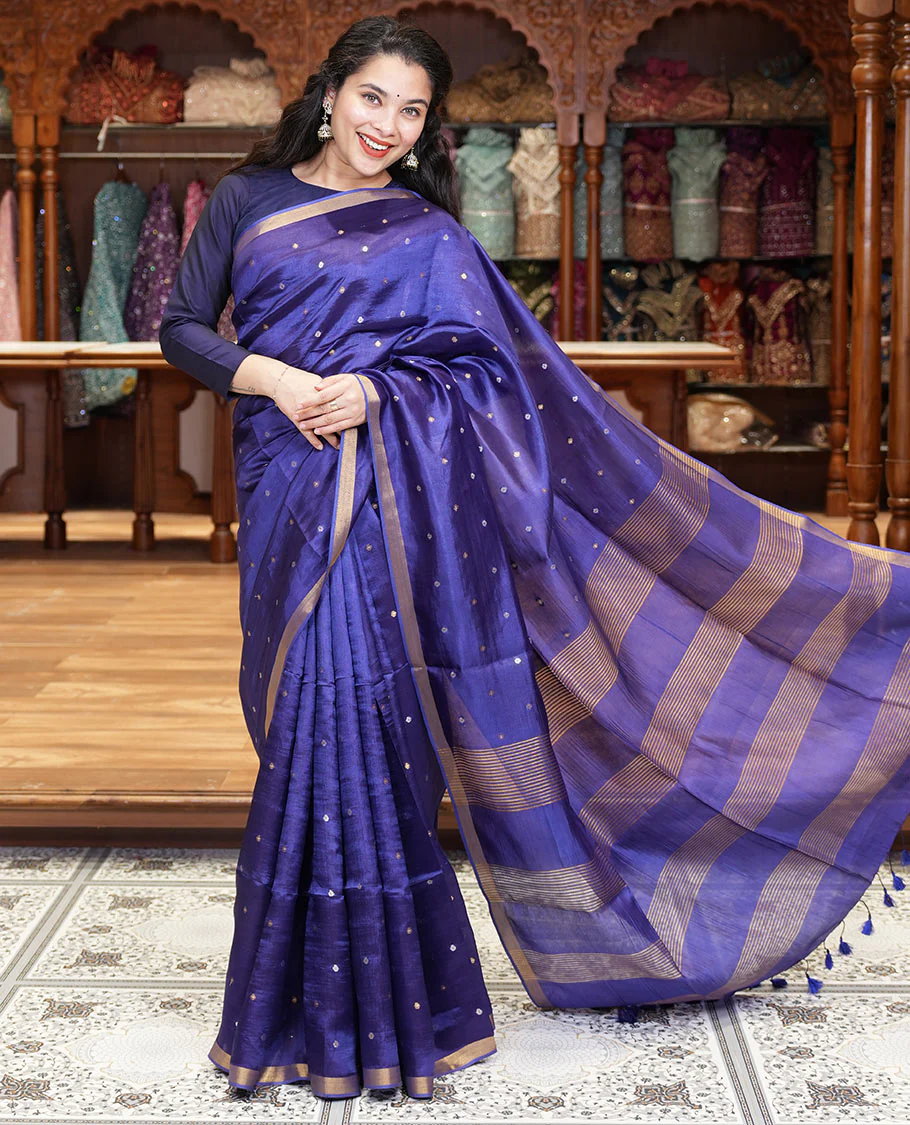 Royal blue zari buttas banana pith silk saree, zari bavanji border, zari striped pallu, and a matching zari design blouse - Image 3