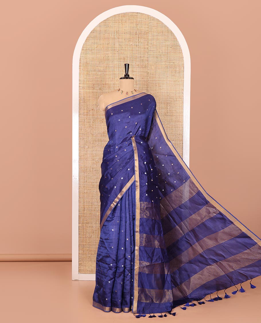 Royal blue zari buttas banana pith silk saree, zari bavanji border, zari striped pallu, and a matching zari design blouse - Image 4