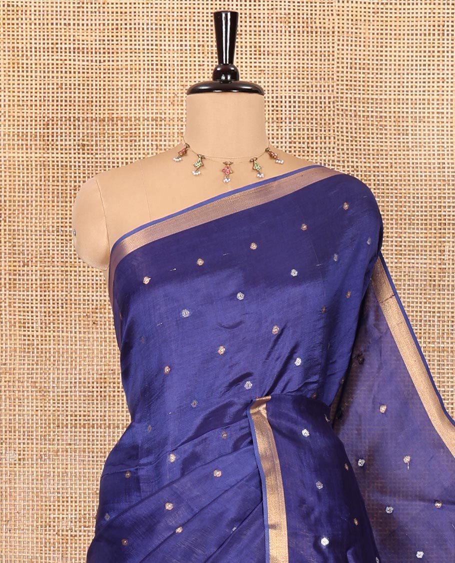 Royal blue zari buttas banana pith silk saree, zari bavanji border, zari striped pallu, and a matching zari design blouse - Image 5