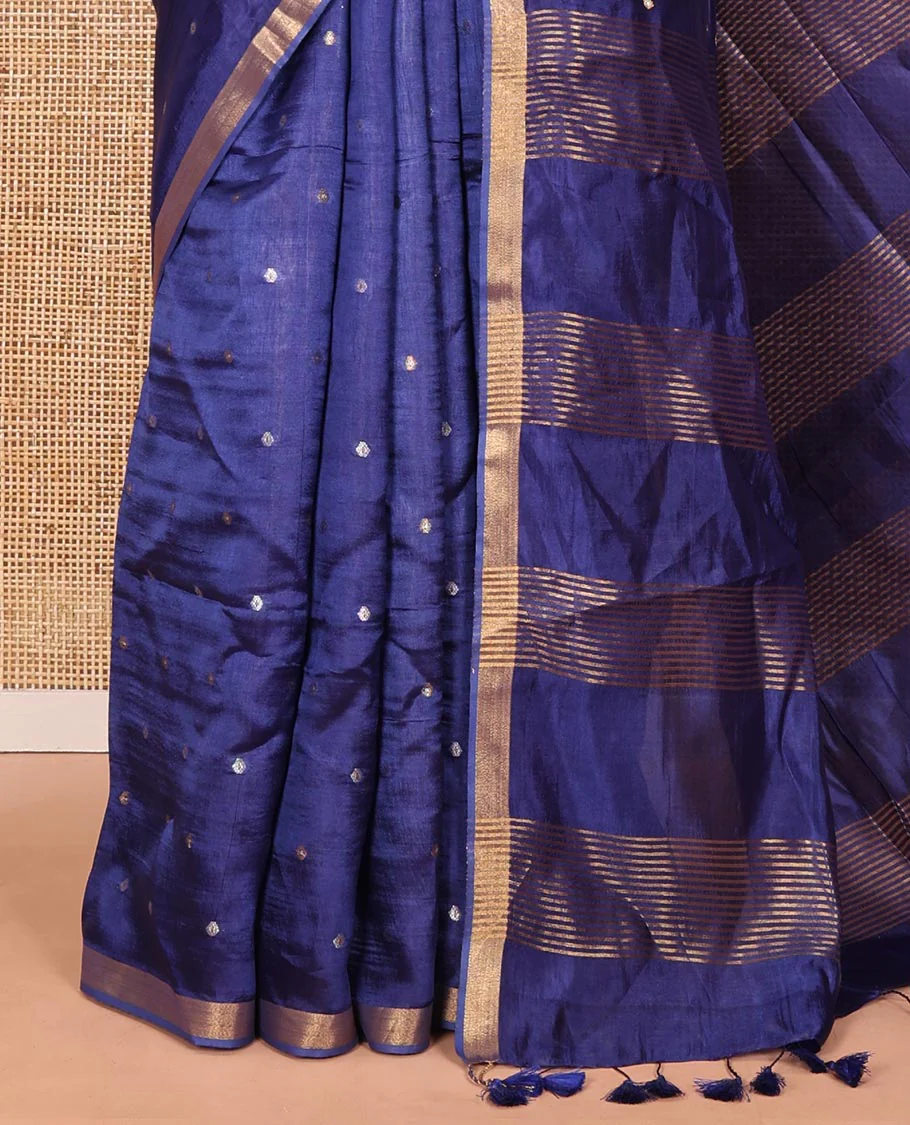 Royal blue zari buttas banana pith silk saree, zari bavanji border, zari striped pallu, and a matching zari design blouse - Image 6