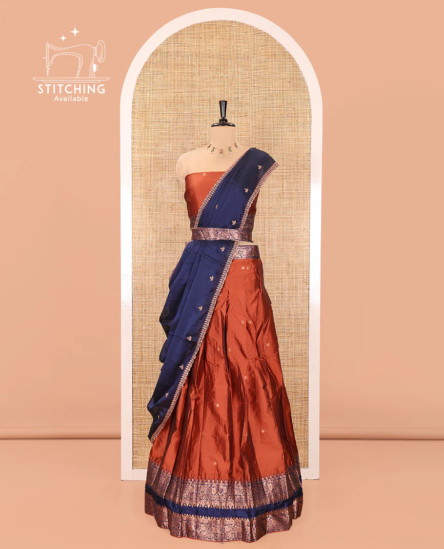 Rust and Blue Semi-Banarasi Half-Saree, Accentuated with Zari Buttas on Its Skirt, Complemented by a Contrast Rettai Pettu Traditional Zari-Design Border, Paired with a Matching Blouse, and Comes with a Contrast Satin Georgette Embroidered Dhavani - Image 3