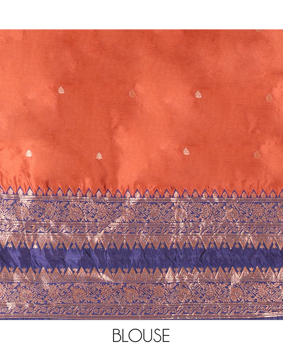 Rust and Blue Semi-Banarasi Half-Saree, Accentuated with Zari Buttas on Its Skirt, Complemented by a Contrast Rettai Pettu Traditional Zari-Design Border, Paired with a Matching Blouse, and Comes with a Contrast Satin Georgette Embroidered Dhavani - Image 4