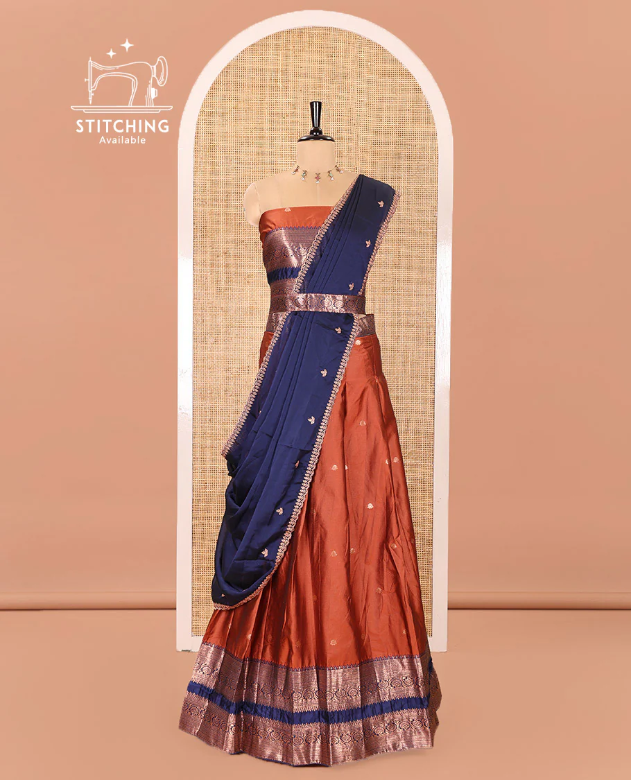 Rust and Blue Semi-Banarasi Half-Saree Featuring Zari Buttas Skirt, Complemented by Contrast Rettai Pettu, Traditional Border of Floral Creeper Designs, Paired with a Matching Blouse, and a Satin Georgette Embroidered Scallop Dhavani - Image 3