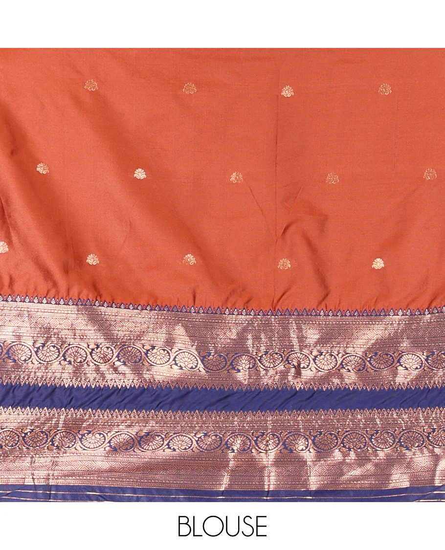 Rust and Blue Semi-Banarasi Half-Saree Featuring Zari Buttas Skirt, Complemented by Contrast Rettai Pettu, Traditional Border of Floral Creeper Designs, Paired with a Matching Blouse, and a Satin Georgette Embroidered Scallop Dhavani - Image 4