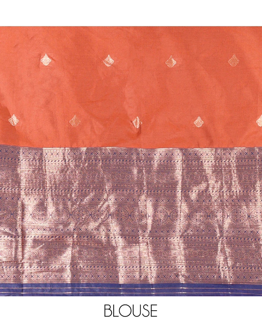 Rust and Navy Blue Semi-Banarasi Half-Saree, Embellished with Zari Buttas on Its Skirt, Complemented by a Contrast Traditional Zari Designs Woven Border, Paired with a Matching Blouse, and a Contrast Satin Georgette Embroidered Scallop Dhavani - Image 4