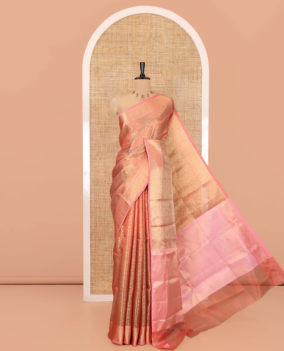 Rust Banaras Katan Silk Saree, Adorned with Brocade Design on Its Body, Complemented by a Contrast Traditional Zari Design Border, Grand Jaal Pallu, and Paired with a Contrast Blouse
