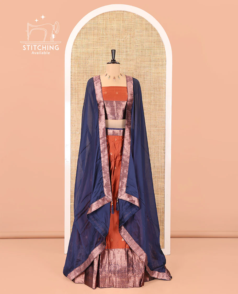 Rust-Blue Semi-Banarasi Half-Saree Features Zari Buttas Skirt, a Contrast Traditional Zari Border, a Matching Blouse, and a Contrast Satin Georgette Dhavani - Image 2