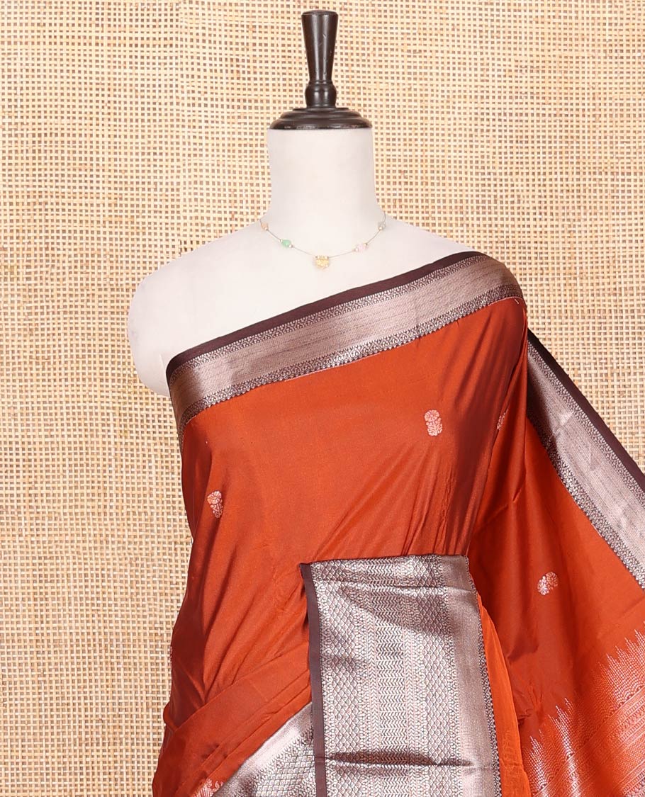 Rust Budget Silk Saree, Featuring Zari Buttas on Its Body, Complemented by a Contrast Traditional Zari Design Border, Intricately Designed Pallu, and Paired with a Contrast Blouse - Image 2