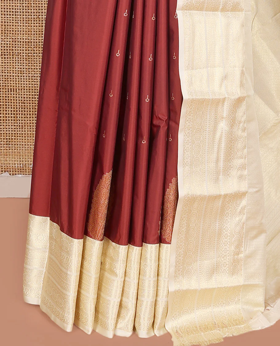 Rust Budget Silk Saree, Gracefully Embellished with Zari Buttas on Its Body, Complemented by a Contrast Traditional Zari Design Border, Subtly Sparkled Pallu, and Paired with a Contrast Blouse - Image 3