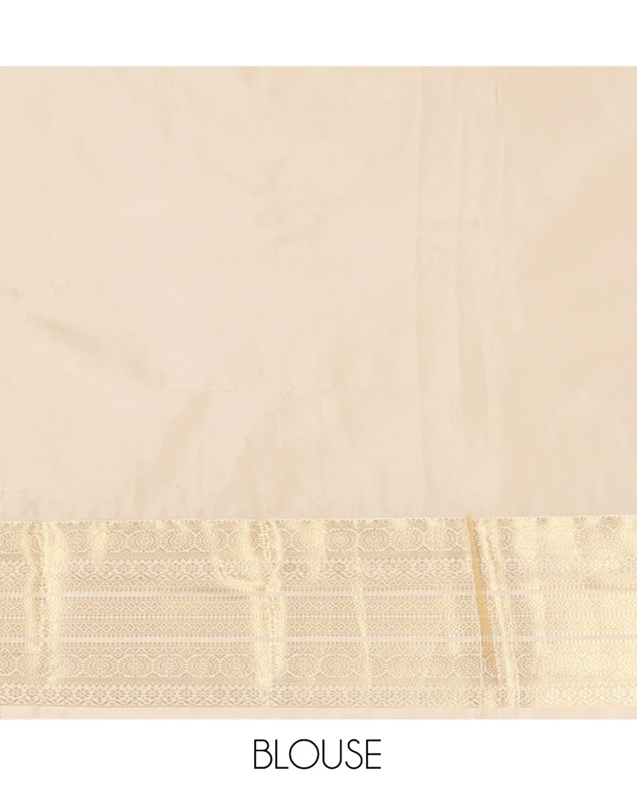 Rust Budget Silk Saree, Gracefully Embellished with Zari Buttas on Its Body, Complemented by a Contrast Traditional Zari Design Border, Subtly Sparkled Pallu, and Paired with a Contrast Blouse - Image 4
