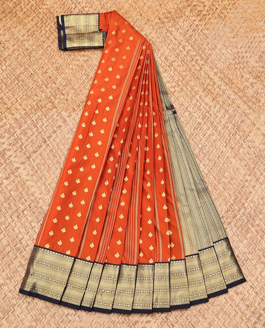 Rust Budget Silk Saree, Mesmerized with Buttas and Stripes on Its Body, Complemented by a Contrast Traditional Zari Design Border, Geometric-Patterned Pallu, and Paired with a Contrast Blouse - Image 2