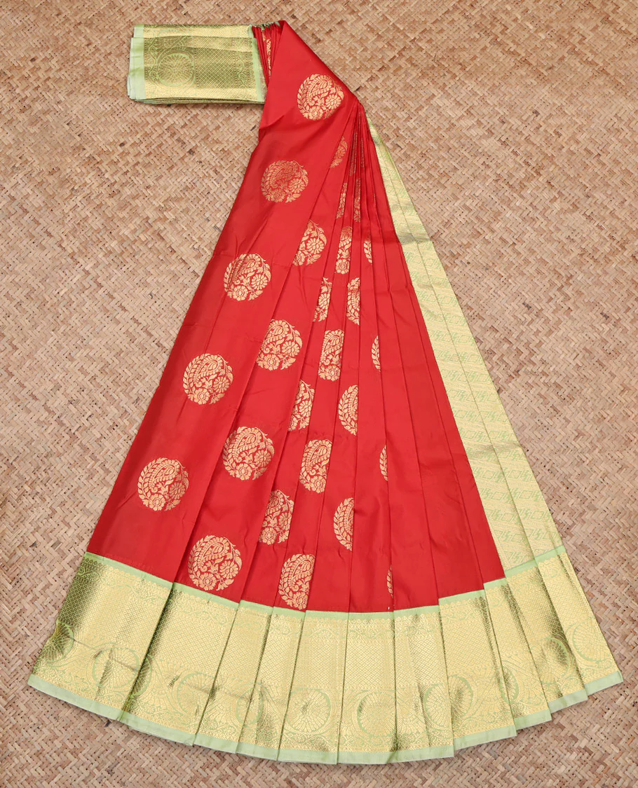 Rust Budget Silk Saree, Woven with Zari Buttas, Contrast Traditional Zari Border, Grand Pallu, and a Contrast Blouse - Image 2