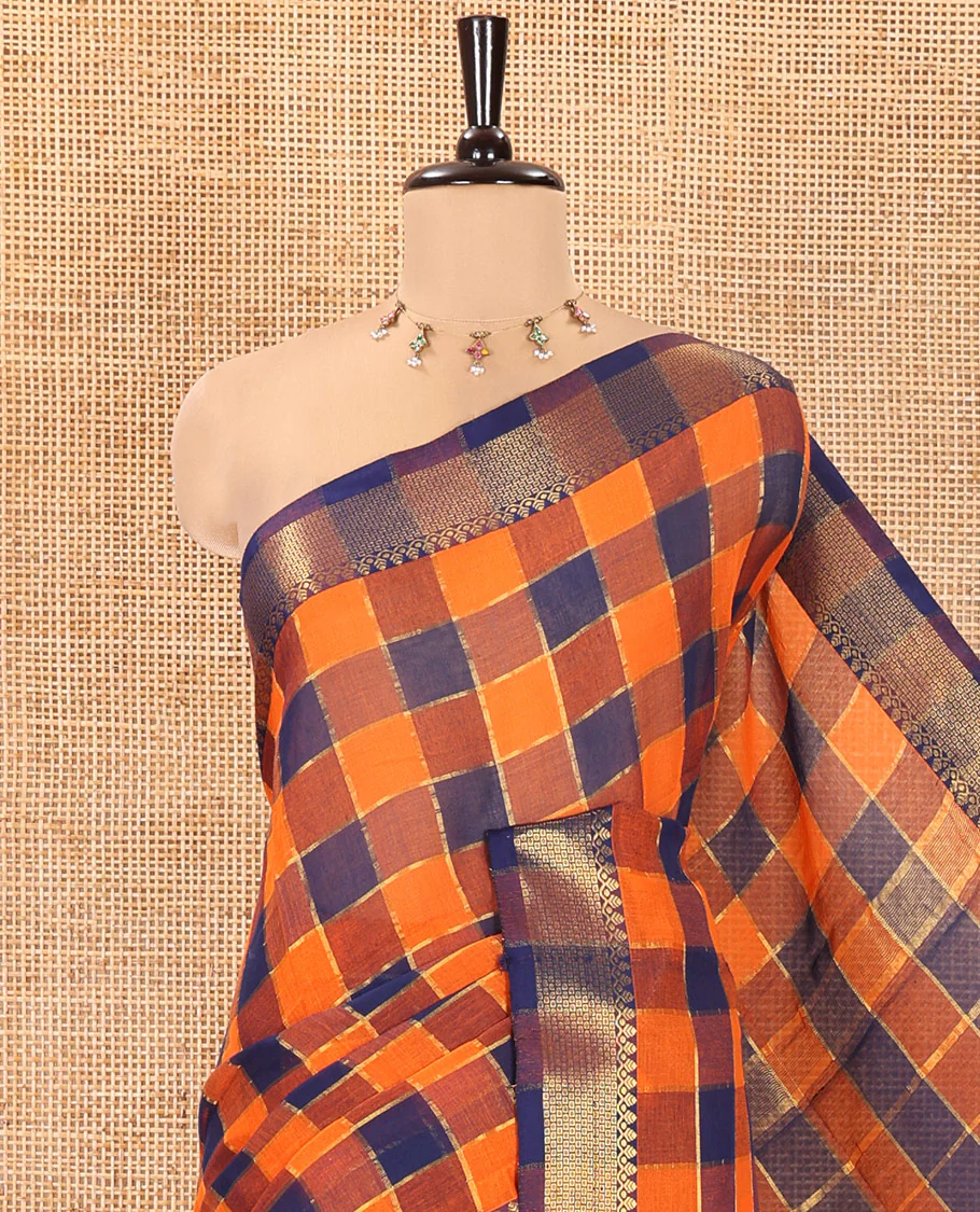 Rust Checked Khadi Mul Cotton Saree, Highlighted by Zari Traditional Border, Zari Checked Pallu, and Paired with a Matching Blouse - Image 2