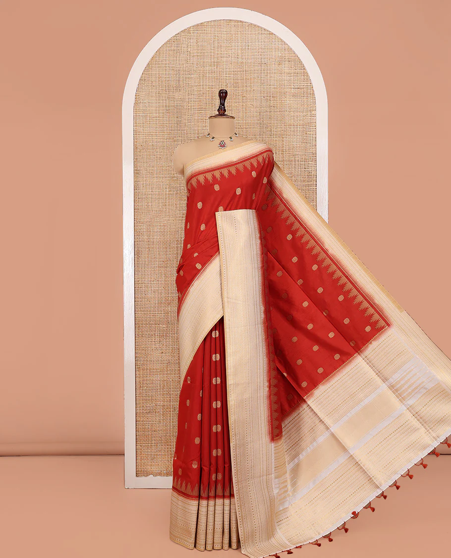 Rust Dupion Silk Saree, Decked Up with Zari Buttas All Over Its Body, Complemented by a Contrast Temple Traditional Zari Design Woven Border, Traditional Pallu of Temple Designs, and Paired with a Contrast Blouse - Image 4