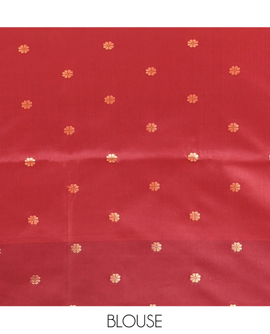 Rust Fancy Soft Silk Saree, Elevated with Zari Buttas and Zari Stripes, Complemented by a Contrast Border of Hexagon-Shaped Designs, Majestically Detailed Pallu, and Paired with a Contrast Blouse - Image 4