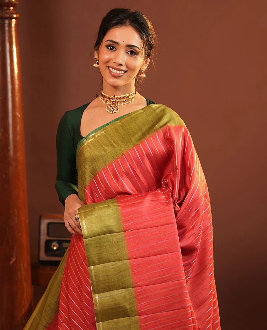 Rust Fancy Tussar Saree, Highlighted by Vertical Zari Stripes Across Its Body, Complemented by Captivating Contrast Geometric Patterned Border, Subtle Pallu and Paired with a Contrast Blouse - Image 2