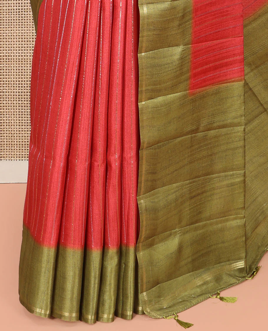 Rust Fancy Tussar Saree, Highlighted by Vertical Zari Stripes Across Its Body, Complemented by Captivating Contrast Geometric Patterned Border, Subtle Pallu and Paired with a Contrast Blouse - Image 5