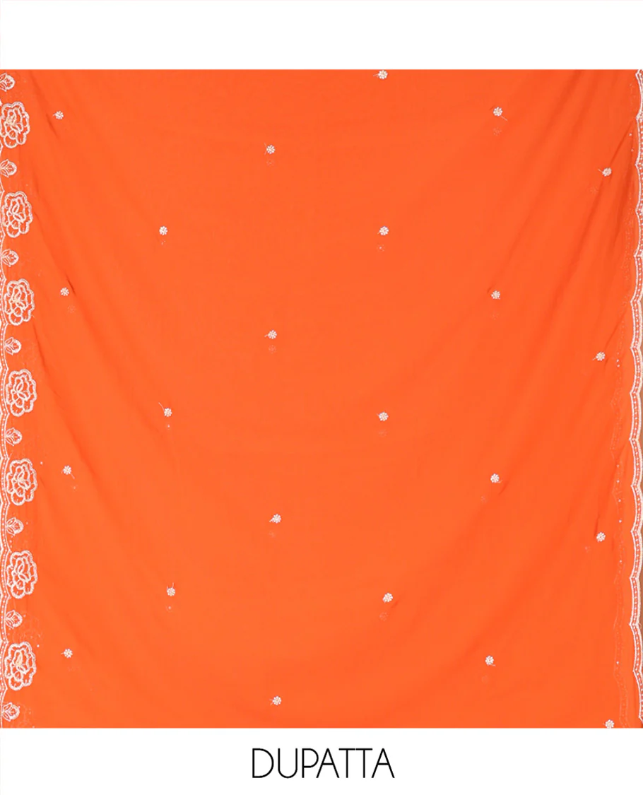 Rust Fox Georgette Material Chudidar Set, Woven with Floral Embroidery on Its Top, a Plain Santoon Bottom, and Paired with a Rose Floral Embroidered Scallop Dupatta - Image 2