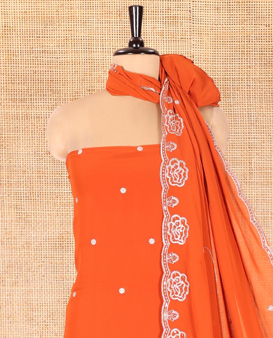 Rust Fox Georgette Material Chudidar Set, Woven with Floral Embroidery on Its Top, a Plain Santoon Bottom, and Paired with a Rose Floral Embroidered Scallop Dupatta - Image 3