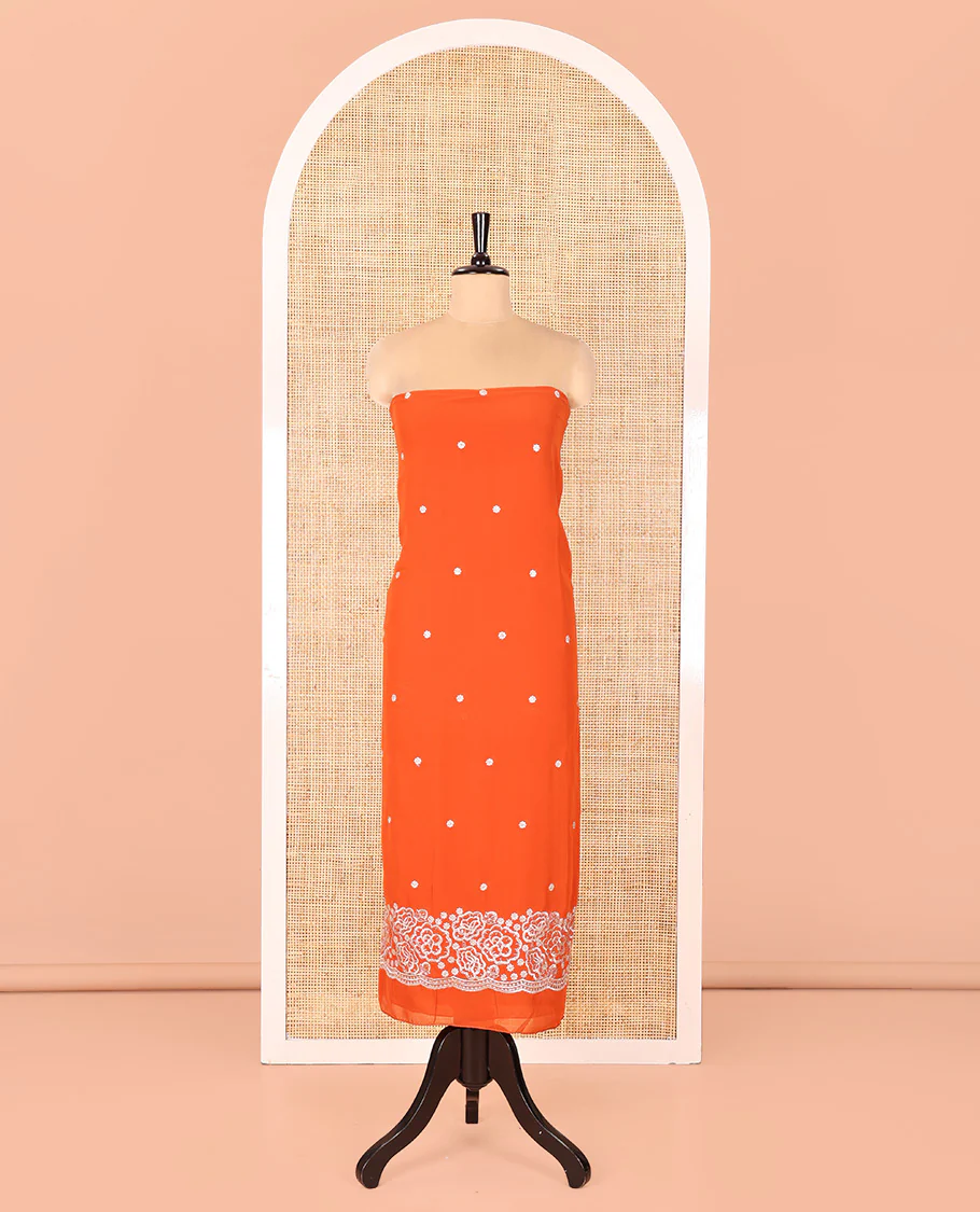 Rust Fox Georgette Material Chudidar Set, Woven with Floral Embroidery on Its Top, a Plain Santoon Bottom, and Paired with a Rose Floral Embroidered Scallop Dupatta - Image 4