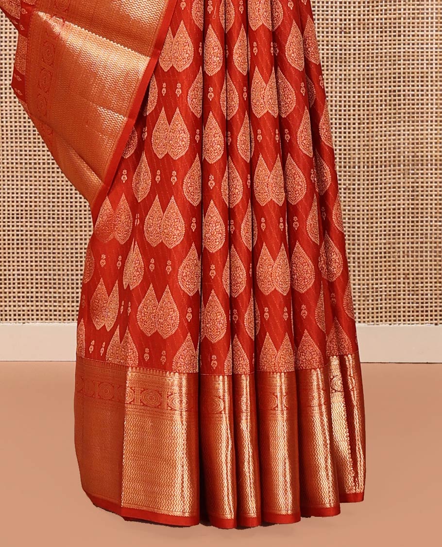 Rust Kanchipuram Wedding Silk Saree, Steeped with Zari Buttas All Over Its Body, Highlighted by Zari Border of Chakram and Vanki Designs, Grand Jaal Pallu and Paired with a Matching Blouse - Image 4