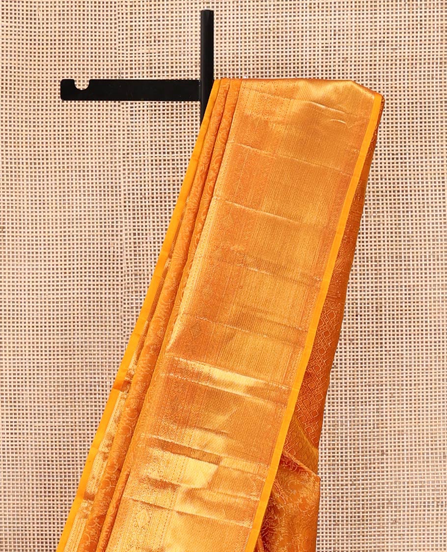 Rust Kanchipuram Wedding Silk Saree, Subtly Sparkled With Jacquard Design On Its Body, Highlighted by Zari Border of Thilakam Mokku, Diamond, and Muthu Designs, Grand Pallu and Paired with a Matching Blouse - Image 3