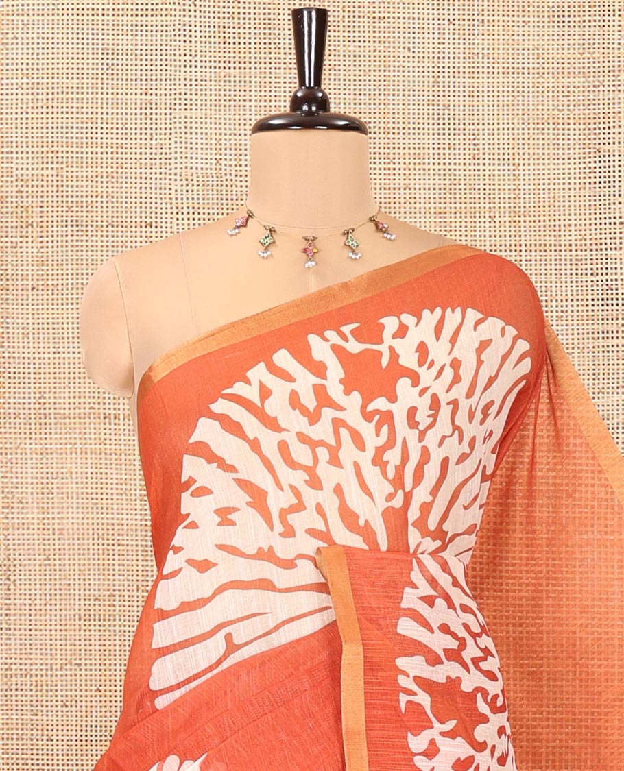 Rust Linen Cotton Saree, Elevated with Floral Motifs Printed on Its Body, Subtle Piping Border, Complemented by a Contrast Floral Printed Blouse, and Paired with a Contrast Blouse - Image 2