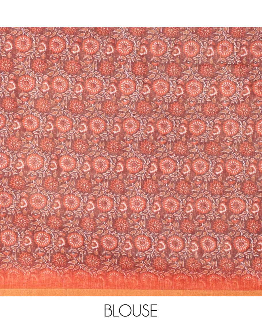 Rust Linen Cotton Saree, Elevated with Floral Motifs Printed on Its Body, Subtle Piping Border, Complemented by a Contrast Floral Printed Blouse, and Paired with a Contrast Blouse - Image 3