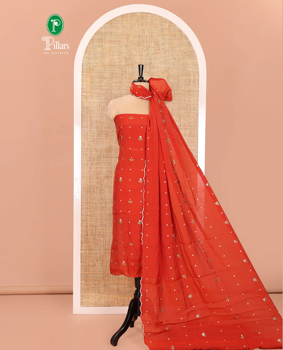 Rust Material Churidar Set, Flower Motifs Embroidered Mul Chanderi Top, Comes with a Plain Santoon Bottom, and a Scallop Floral Motifs Embroidered Mul Chanderi Dupatta