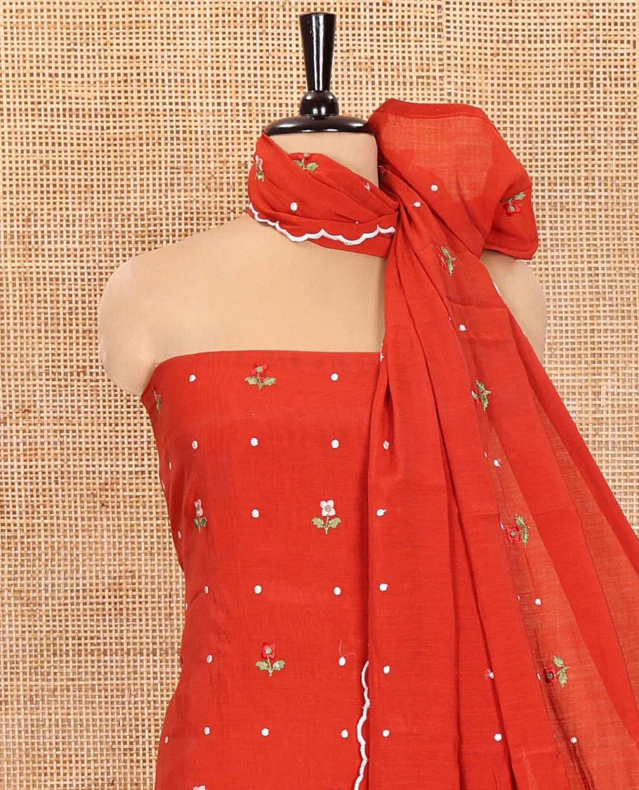 Rust Material Churidar Set, Flower Motifs Embroidered Mul Chanderi Top, Comes with a Plain Santoon Bottom, and a Scallop Floral Motifs Embroidered Mul Chanderi Dupatta - Image 3