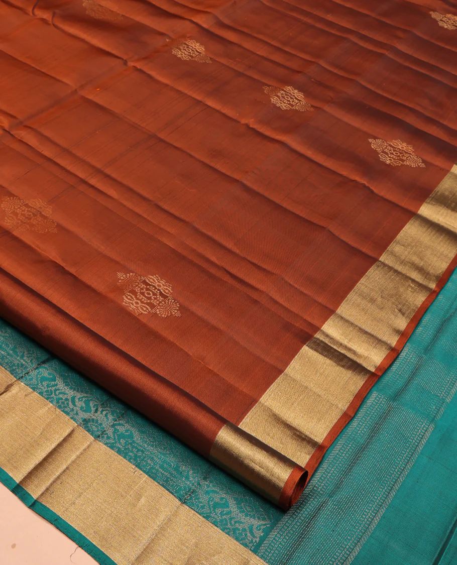 Rust Mayuri Lite Silk Mix Saree, Decorated with Zari Buttas All Over Its Body, Highlighted by Zari Bavanji Border, Complemented by Intricately Designed Pallu, and Paired with a Contrast Blouse - Image 2