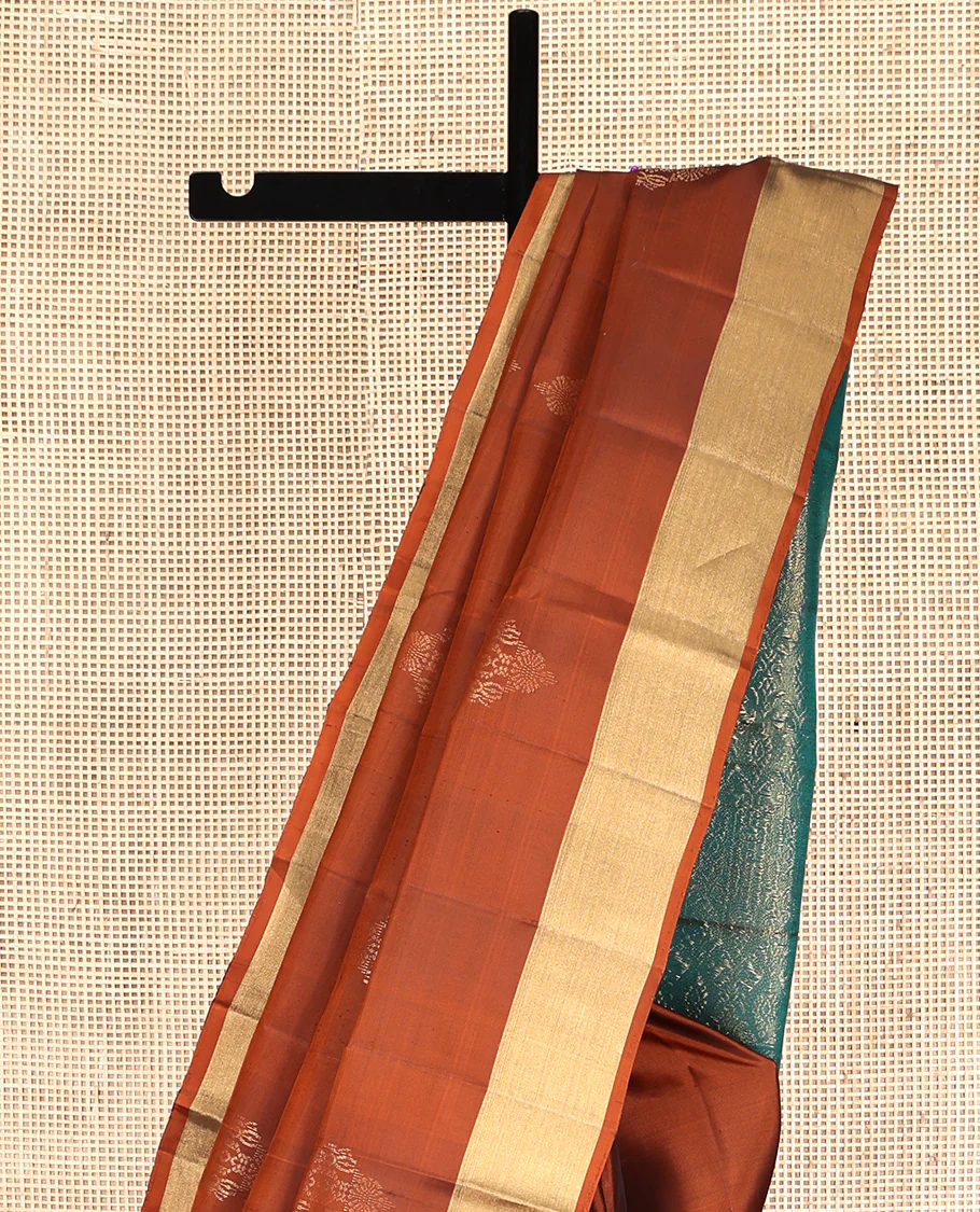 Rust Mayuri Lite Silk Mix Saree, Decorated with Zari Buttas All Over Its Body, Highlighted by Zari Bavanji Border, Complemented by Intricately Designed Pallu, and Paired with a Contrast Blouse - Image 3