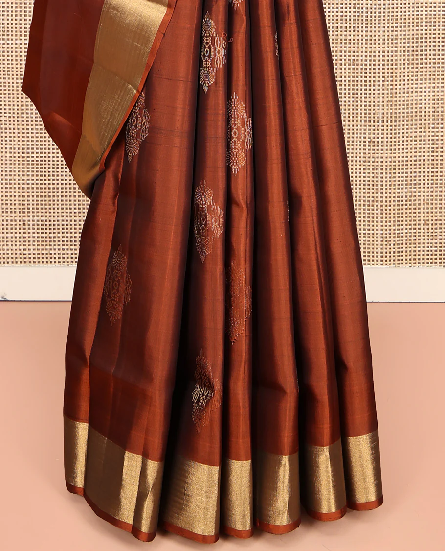 Rust Mayuri Lite Silk Mix Saree, Decorated with Zari Buttas All Over Its Body, Highlighted by Zari Bavanji Border, Complemented by Intricately Designed Pallu, and Paired with a Contrast Blouse - Image 4