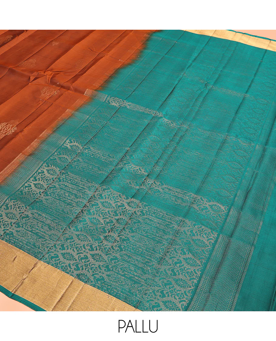 Rust Mayuri Lite Silk Mix Saree, Decorated with Zari Buttas All Over Its Body, Highlighted by Zari Bavanji Border, Complemented by Intricately Designed Pallu, and Paired with a Contrast Blouse - Image 5