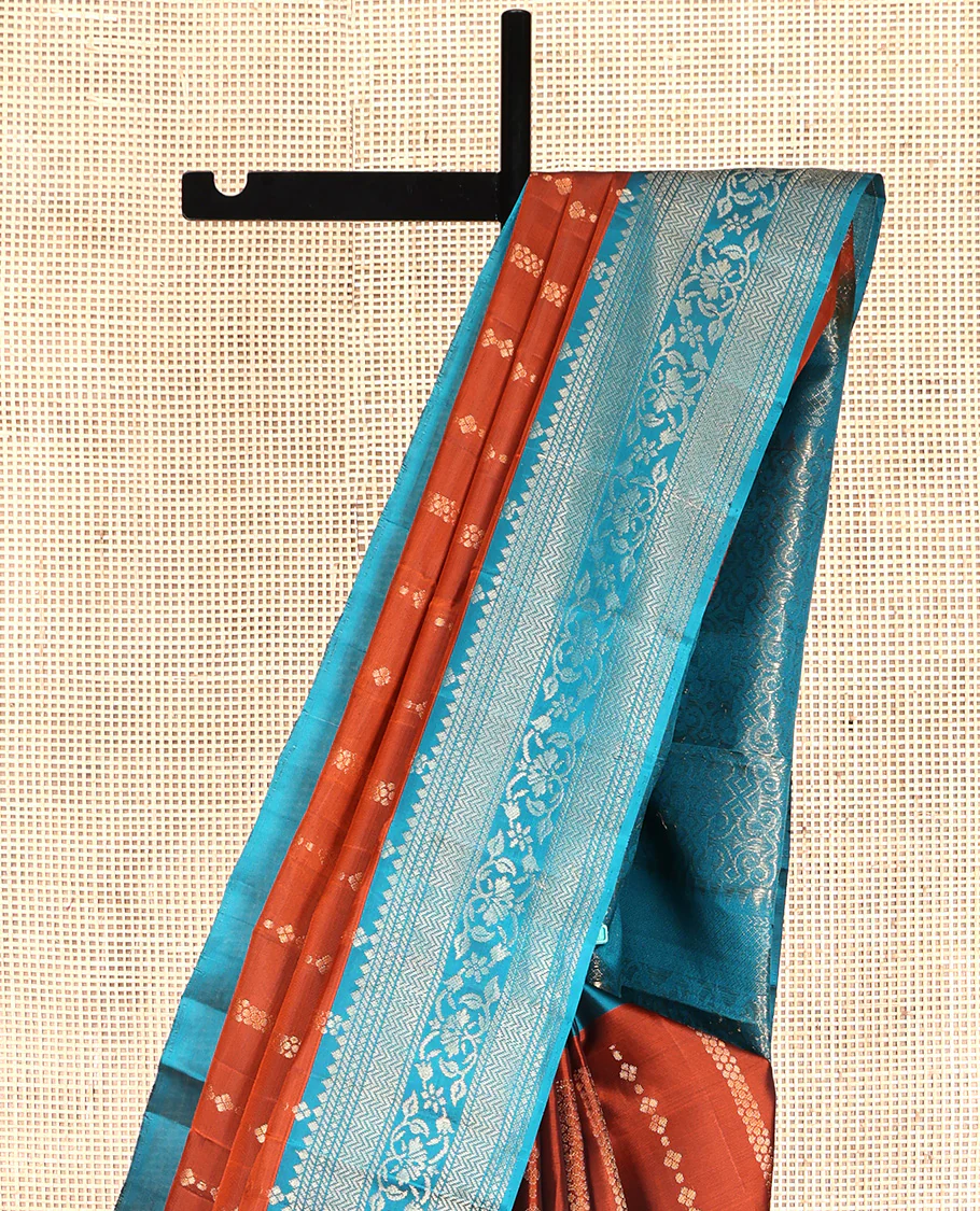 Rust Mayuri Lite Silk Mix Saree, Finely Crafted with Zari Designs All Over Its Body, Complemented by a Contrast Border of Vanki and Floral Designs, Beautifully Bedecked Pallu, and Paired with a Contrast Blouse - Image 3