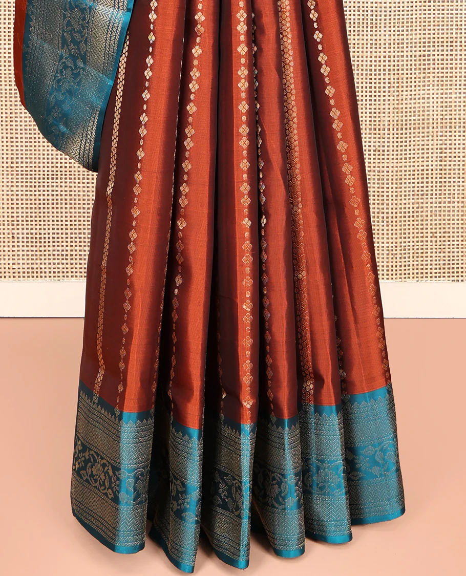 Rust Mayuri Lite Silk Mix Saree, Finely Crafted with Zari Designs All Over Its Body, Complemented by a Contrast Border of Vanki and Floral Designs, Beautifully Bedecked Pallu, and Paired with a Contrast Blouse - Image 4