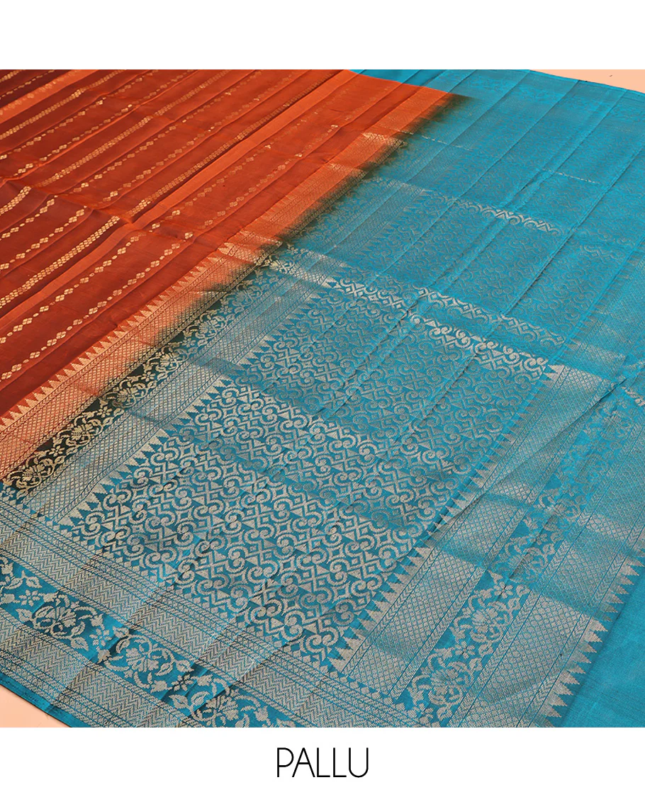 Rust Mayuri Lite Silk Mix Saree, Finely Crafted with Zari Designs All Over Its Body, Complemented by a Contrast Border of Vanki and Floral Designs, Beautifully Bedecked Pallu, and Paired with a Contrast Blouse - Image 5