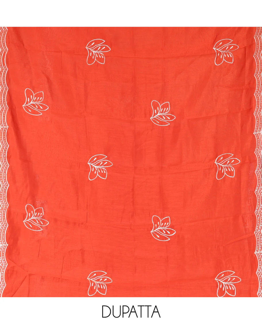 Rust Mul Chanderi Designer Material Chudidar Set, Meticulously Woven with Big Floral Motifs Embroidered On Its Top, A Plain Santoon Bottom, and Paired with a Mul Chanderi Scallop Thread Embroidered Dupatta - Image 2